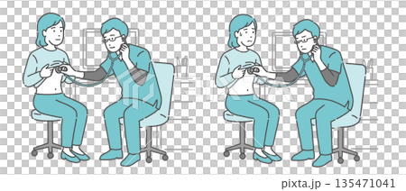 Illustration set of auscultation of a female patient by a male doctor wearing a scrub (normal, abnormal, unwell) Illustration set of auscultation of a female patient by a male doctor wearing a scrub (normal, abnormal, unwell) 135471041