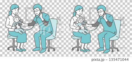 スクラブを着た男性医師による赤ちゃんと母親の聴診イラストセット（笑顔・泣く/体調不良） 135471044