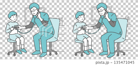 Illustration set of a boy's auscultation by a male doctor wearing a scrub (normal, abnormal, unwell) Illustration set of a boy's auscultation by a male doctor wearing a scrub (normal, abnormal, unwell) 135471045