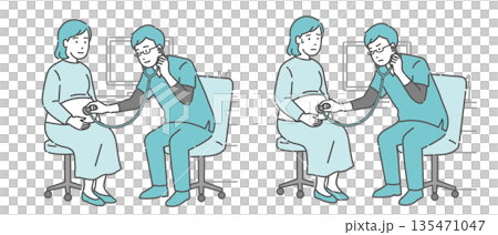 Illustration set of abdominal auscultation of a pregnant woman by a male doctor wearing a scrub (normal, abnormal, unwell) 135471047