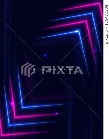Abstract neon blue and pink ligh arrow glowing on dark background. Poster for product design concept. 135471204