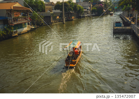 asia travel with people travel by boat on river at Bangkok Thailand in summer season 135472007