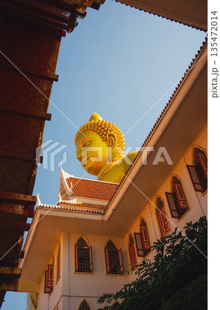 asia travel with large buddhist and beautiful temple with river at Bangkok Thailand in summer season 135472014