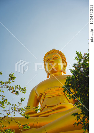 asia travel with large buddhist and beautiful temple with river at Bangkok Thailand in summer season 135472015