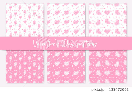 A set of seamless drawings with pink hearts, balloons, and arrows in a doodle style. Valentines Day-themed gift packaging design. Hand-drawn holiday backgrounds A set of seamless drawings with pink hearts, balloons, and arrows in a doodle style. Valentines Day-themed gift packaging design. Hand-drawn holiday backgrounds 135472091