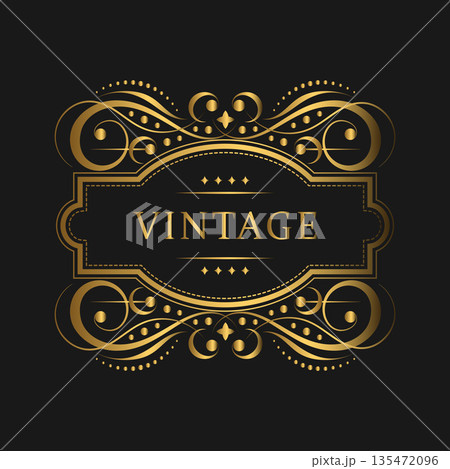 Decorative ornate label in a gold vintage frame. Ancient design for luxurious decoration. Elegant baroque border on a black background for an invitation ticket, label, certificate 135472096