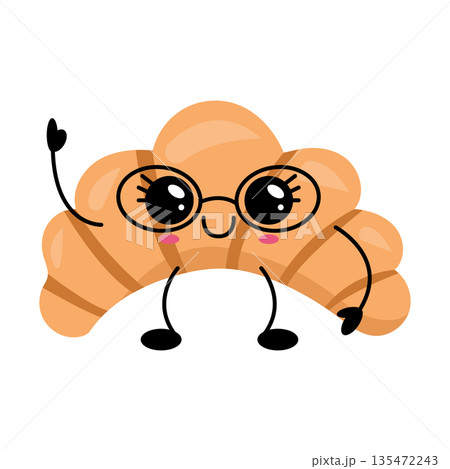 Cute Kawaii Croissant Character With Glasses 135472243