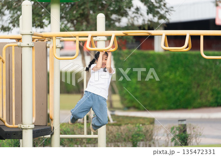 Young child playing on a playground monkey bar while smiling in a sunny outdoor park setting, showcasing joy and physical activity in childhood 135472331