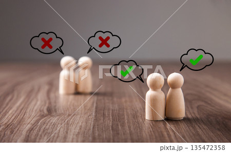 Wooden people figures showing agreement and disagreement in communication Wooden people figures showing agreement and disagreement in communication 135472358