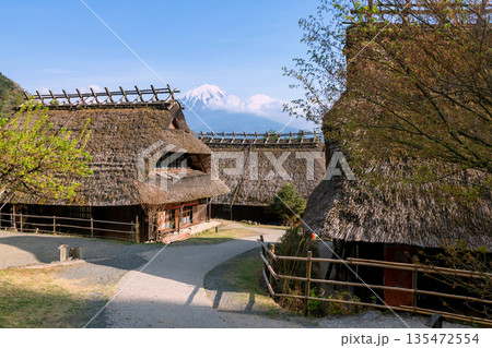 Saiko no Sato Thatch house with mt. Fuji, Yamanashi, Japan 135472554