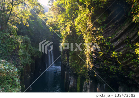 Manai waterfall at Takachiho gorge against sunrise, Miyazaki Manai waterfall at Takachiho gorge against sunrise, Miyazaki 135472582
