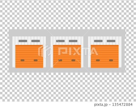 A simple storage room building illustration with three orange shutters A simple storage room building illustration with three orange shutters 135472884
