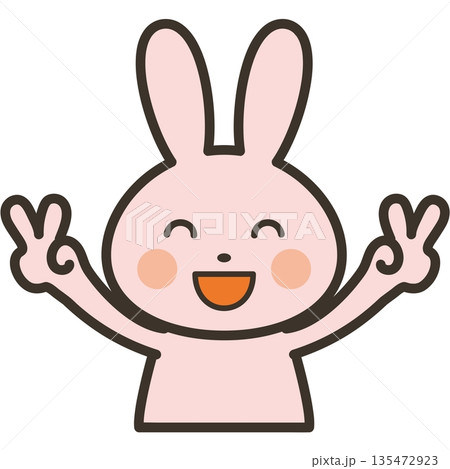 ダブルピースで大喜びのかわいいうさぎキャラの上半身イラスト ダブルピースで大喜びのかわいいうさぎキャラの上半身イラスト 135472923