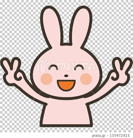 ダブルピースで大喜びのかわいいうさぎキャラの上半身イラスト ダブルピースで大喜びのかわいいうさぎキャラの上半身イラスト 135472923