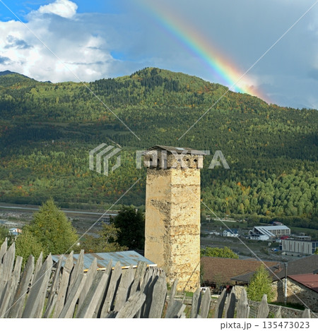 View of Svan towers against the rainbow in Mestia, Georgia, Svaneti. View of Svan towers against the rainbow in Mestia, Georgia, Svaneti. 135473023