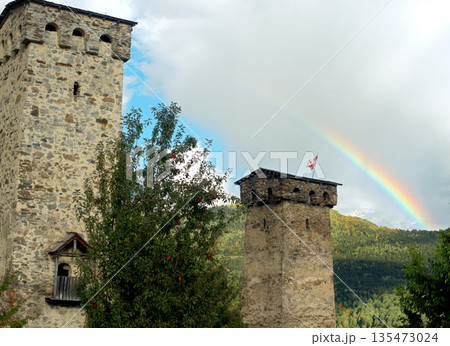 View of Svan towers against the rainbow in Mestia, Georgia, Svaneti. View of Svan towers against the rainbow in Mestia, Georgia, Svaneti. 135473024