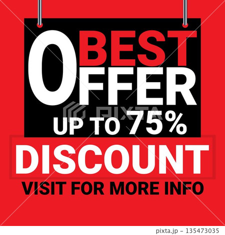 Best Offer Promotional Banner: Up to 75% Off Discount Graphic, Hanging Sale Sign Illustration, Retail Advertising Label and E-commerce Marketing Poster 135473035