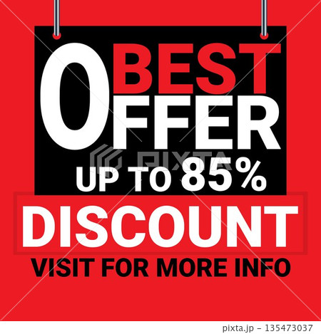 Best Offer Promotional Banner: Up to 85% Off Discount Graphic, Hanging Sale Sign Illustration, Retail Advertising Label and E-commerce Marketing Poster 135473037