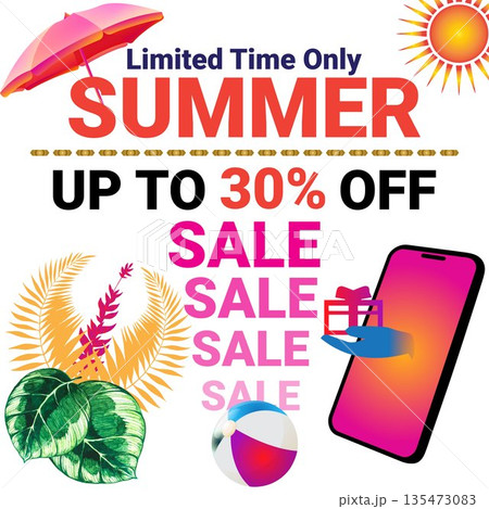 Summer Sale Promotional Banner: Up to 30% Off Limited Time Offer, E-commerce Marketing Poster with Tropical Palm Leaves and Smartphone Graphic Design 135473083