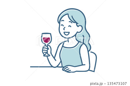 ワインを飲む笑顔の若い女性のイラスト ワインを飲む笑顔の若い女性のイラスト 135473107