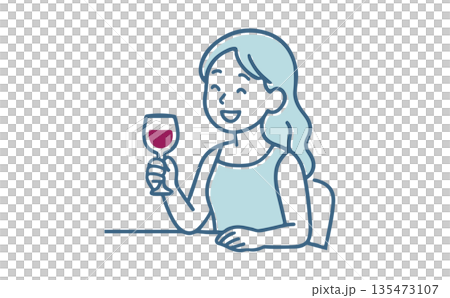 ワインを飲む笑顔の若い女性のイラスト ワインを飲む笑顔の若い女性のイラスト 135473107