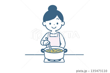 エプロンを着て笑顔でカレーを作る女性のイラスト 135473110