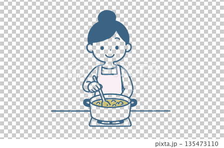 エプロンを着て笑顔でカレーを作る女性のイラスト 135473110