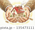 住宅ローンとマイホームを大切に持つ手（水彩画風イラスト） 135473111