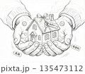 住宅ローンとマイホームを大切に持つ手（鉛筆画） 135473112