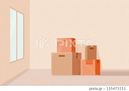 明るい室内にある積み上げられた荷物と観葉植物と引っ越しイメージ 135473151