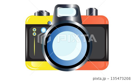 Colorful Digital Camera Illustration: Vibrant Yellow and Orange Photography Icon, Creative Camera Graphic with Blue Lens for Social Media and App Design 135473208