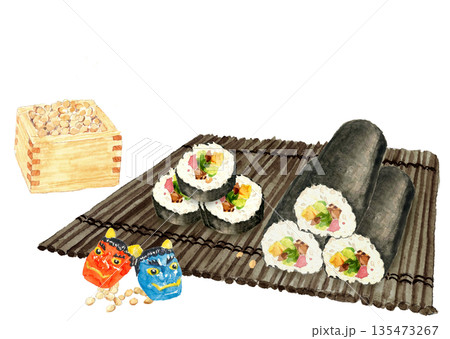 水彩で描いた恵方巻と節分のイラストセット素材【手描き】白バック コピースペース 135473267