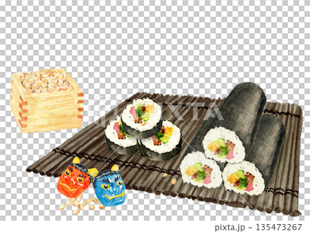 Watercolor illustration set of Ehomaki and Setsubun [Hand-drawn] White background Copy space 135473267