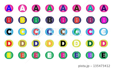 Colorful Alphabet Circle Icon Set: Vibrant Letters A-E in Multi-colored Badge Designs for Education, Creative Branding, and Graphic Design Projects Colorful Alphabet Circle Icon Set: Vibrant Letters A-E in Multi-colored Badge Designs for Education, Creative Branding, and Graphic Design Projects 135473412