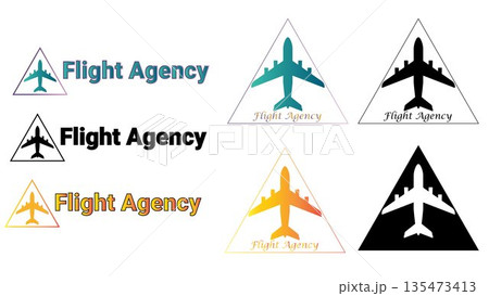 Flight Agency Logo Set: Professional Airplane Silhouette in Triangle Frame, Gradient and Silhouette Aviation Icons for Travel Agency Branding Design 135473413