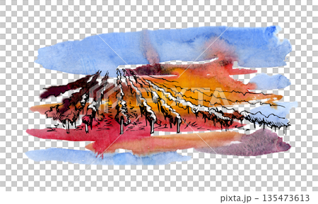 Picturesque rural agricultural land of vineyard, orchard, tree or grapevine rows and sky. Isolated hand painted watercolor and ink illustration for food, wine brand, eco-friendly labels, travel tours Picturesque rural agricultural land of vineyard, orchard, tree or grapevine rows and sky. Isolated hand painted watercolor and ink illustration for food, wine brand, eco-friendly labels, travel tours 135473613