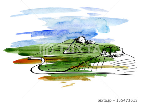 Rolling landscape with soft valleys, patchwork farmland. Hand drawn in ink and washed in watercolor. Illustration for wine region travel promotions, wellness design, natural food and farm packaging. Rolling landscape with soft valleys, patchwork farmland. Hand drawn in ink and washed in watercolor. Illustration for wine region travel promotions, wellness design, natural food and farm packaging. 135473615