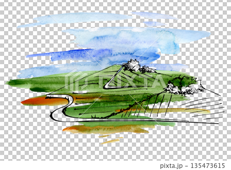 Rolling landscape with soft valleys, patchwork farmland. Hand drawn in ink and washed in watercolor. Illustration for wine region travel promotions, wellness design, natural food and farm packaging. Rolling landscape with soft valleys, patchwork farmland. Hand drawn in ink and washed in watercolor. Illustration for wine region travel promotions, wellness design, natural food and farm packaging. 135473615