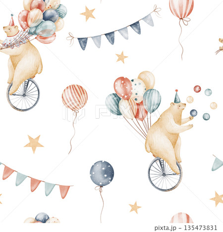 Seamless Watercolor Circus Bear Pattern Seamless Watercolor Circus Bear Pattern 135473831