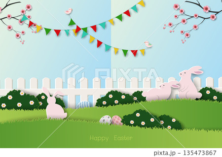 Easter nature background,celebrate theme with cute rabbits on spring garden 135473867
