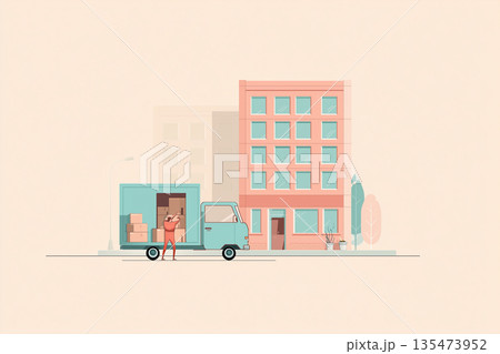 玄関先に到着した引っ越しトラックと荷物 135473952