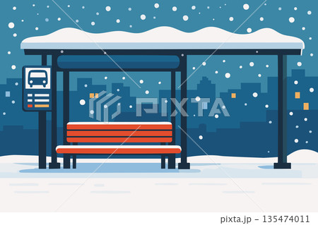 雪の降るバス停のフラットイラスト 雪の降るバス停のフラットイラスト 135474011