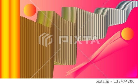 Abstract 3D Geometric Wave Background: Vibrant Pink Backdrop with Bronze and Silver Ribbon, Glowing Orbs and Motion Trails for Creative Digital Design 135474200