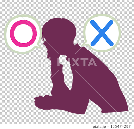 まるばつ 頬杖をつく男性 考える シルエット まるばつ 頬杖をつく男性 考える シルエット 135474297