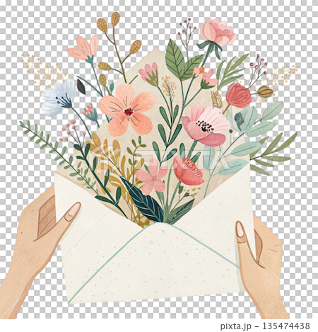 watercolor illustration of hands holding an envelope with flowers watercolor illustration of hands holding an envelope with flowers 135474438