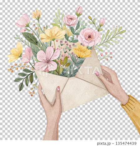 watercolor illustration of hands holding an envelope with flowers watercolor illustration of hands holding an envelope with flowers 135474439