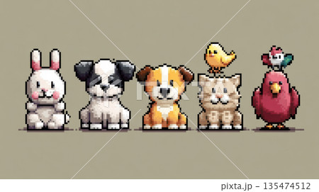 Cute 8-bit pixel animals lined up on a neutral background, retro gaming style characters and a collection of digital art 135474512