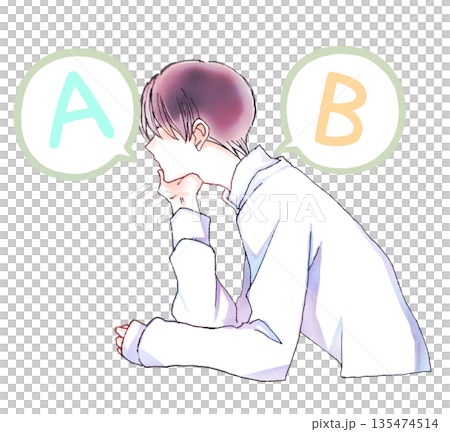 選択肢を考える頬杖をつく男性　AとB 135474514