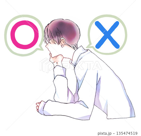 まるばつ　頬杖をつく男性　考える 135474519