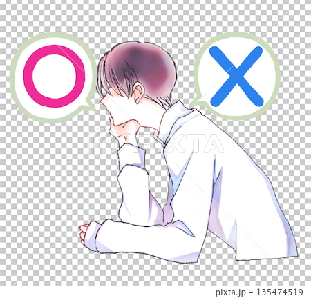 まるばつ　頬杖をつく男性　考える 135474519